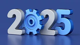 2025 text with gear icons symbolizing innovation, progress, and technology development on blue background, 3d rendering