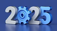 2025 text with gear icons symbolizing innovation, progress, and technology development on blue background, 3d rendering