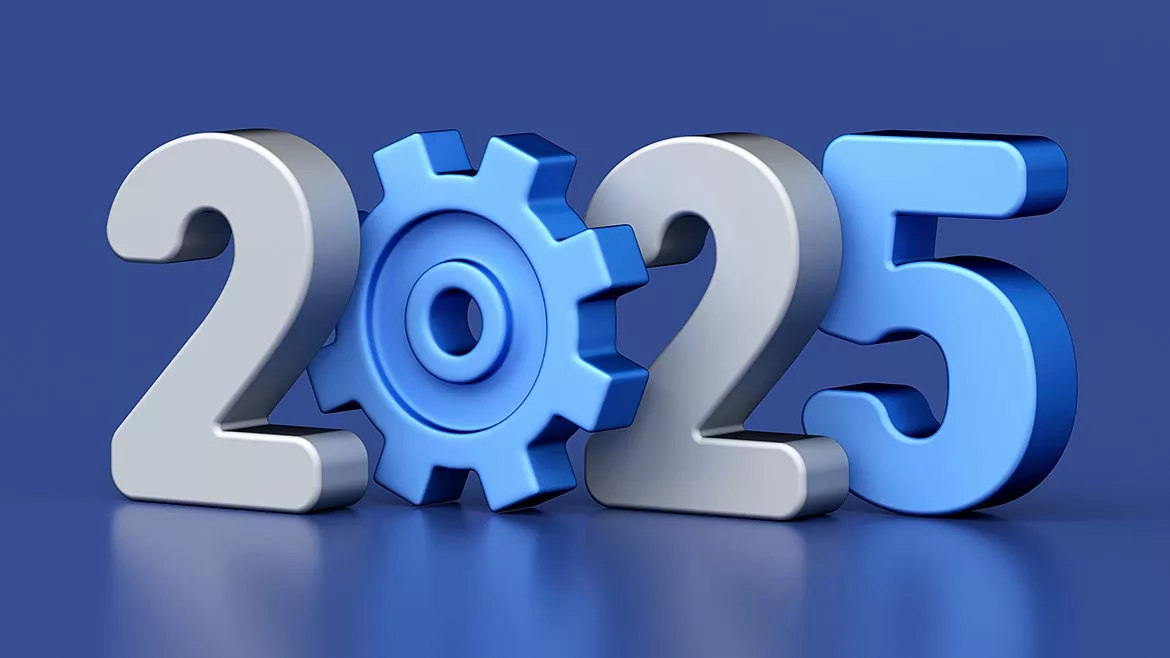 2025 text with gear icons symbolizing innovation, progress, and technology development on blue background, 3d rendering