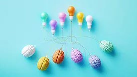 Colorful Lightbulbs Connected To Human Brains By Dotted Lines On Blue Background - Innovation and Teamwork Concept