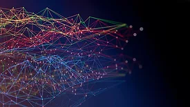 Big data Network Abstract concept using a network of blue, green, and red lines connected to small glowing white dots.