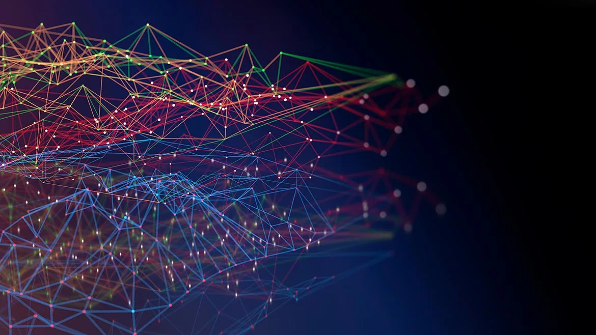 Big data Network Abstract concept using a network of blue, green, and red lines connected to small glowing white dots.