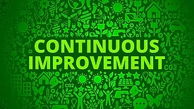 Environmental conservation vector icon pattern with "CONTINUOUS IMPROVEMENT" in green, uppercase bold at the center. It is surrounded by environmental icons in different sizes and shades, set against a dark green background.