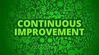 Environmental conservation vector icon pattern with "CONTINUOUS IMPROVEMENT" in green, uppercase bold at the center. It is surrounded by environmental icons in different sizes and shades, set against a dark green background.