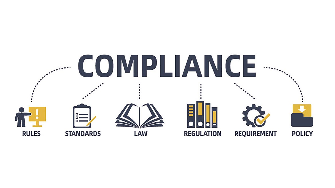 Compliance concept web banner with icons and keywords.