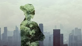 Silhouette of a young woman with her arms crossed, showing a forest inside and a smoggy city skyline in the background.