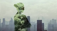 Silhouette of a young woman with her arms crossed, showing a forest inside and a smoggy city skyline in the background.