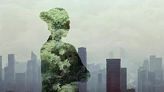 Silhouette of a young woman with her arms crossed, showing a forest inside and a smoggy city skyline in the background.