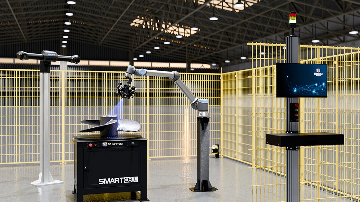 3D Infotech SmartCell in a protective yellow cage in a factory setting.