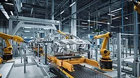 Automated Robot Arm Assembly Line Manufacturing High-Tech Green Energy Electric Vehicles.