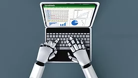Robot hands typing on a laptop. A financial startup  spreadsheet document is on the screen.