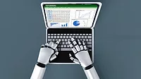 Robot hands typing on a laptop Robot hands typing on a laptop. A financial startup spreadsheet document is on the screen.