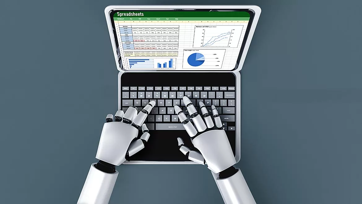 Robot hands typing on a laptop. A financial startup spreadsheet document is on the screen.