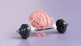 Cartoon Brain Lifting Weights on a Purple Background.