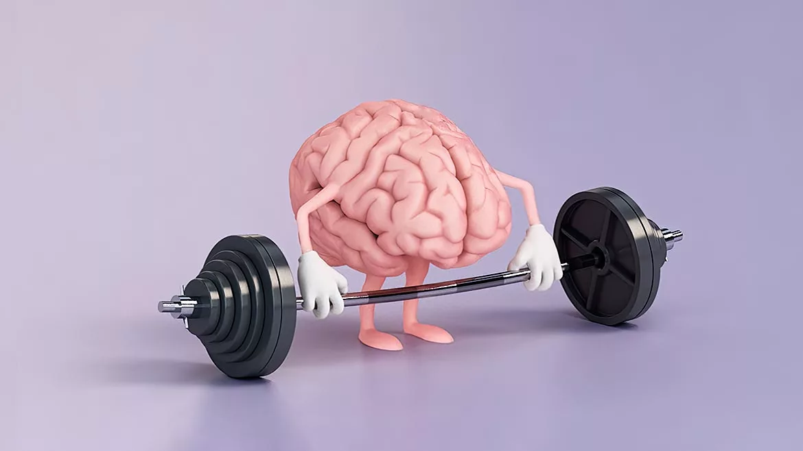 Cartoon Brain Lifting Weights on a Purple Background.