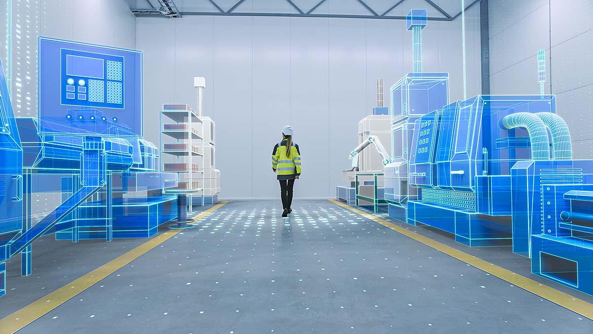 Female Engineer Walks Through Factory Workshop with Augmented Reality 3D Models CNC Machinery Production Line.