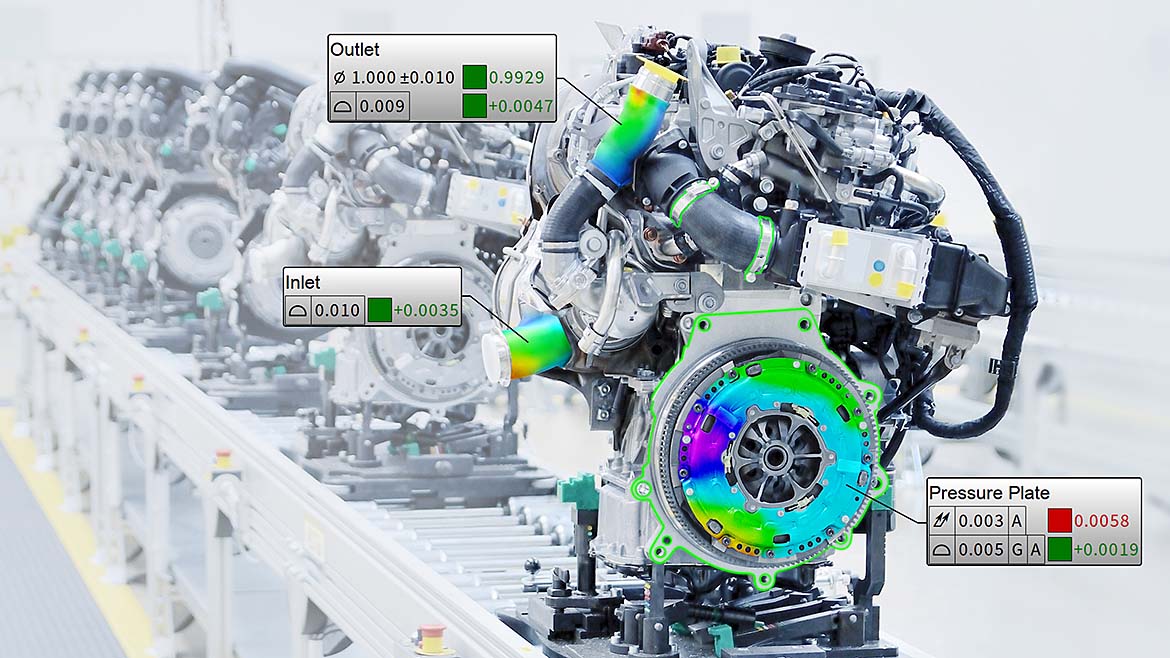 FARO BuildIT Metrology 3D Model. The part at the front is in color with virtual readings pointing to it.