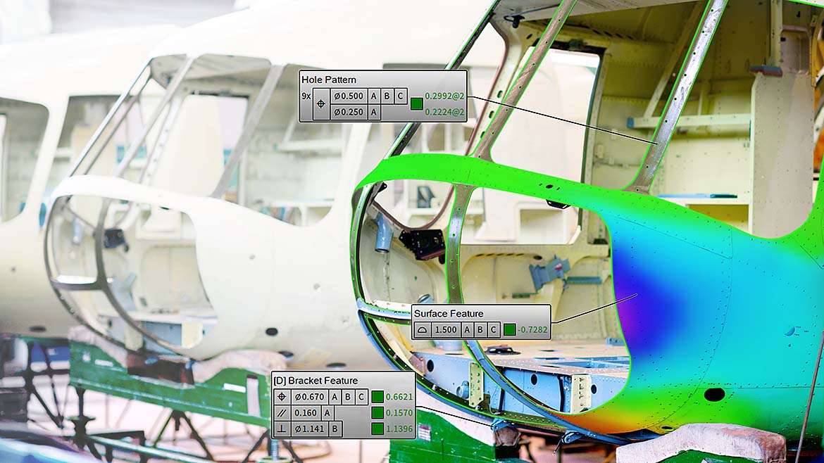 FARO BuildIT Metrology 3D Model. One product is shown in colors with virtual readings pointing to specific spots.