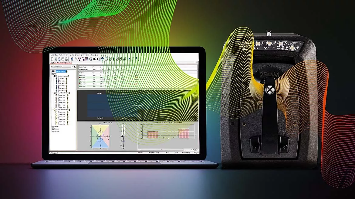 Laptop with color analysis data next to X-Rite benchtop spectrophotometer with virtual green and yellow soundwaves and a colorful gradient background.