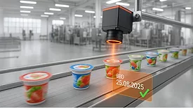 AI-created image of a yogurt assembly line being scanned, a virtual screen floating next to it.