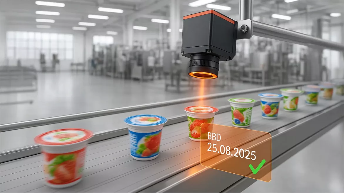 AI-created image of a yogurt assembly line being scanned, a virtual screen floating next to it.