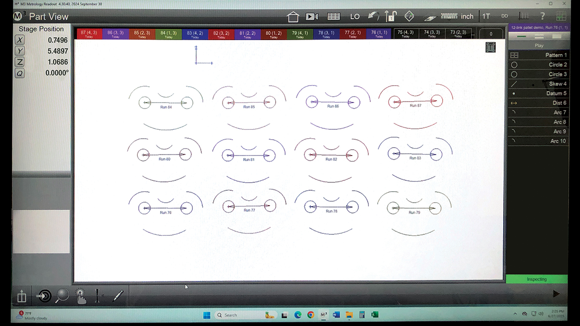 Screen view of the stamped rocker parts sampling set up in a palletized grid format.