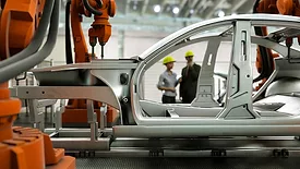 Car production line concept 3d render. Two engineers in hard hats are in the blurred background.