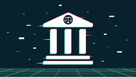 AI courthouse with glitch effect vector illustration. AI regulation, artifical intelligence and law issues concept.