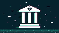 AI courthouse with glitch effect vector illustration. AI regulation, artifical intelligence and law issues concept.