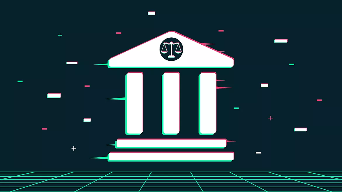 AI courthouse with glitch effect vector illustration. AI regulation, artifical intelligence and law issues concept.