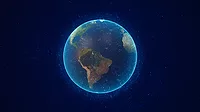 A glowing planet Earth pictured from space A glowing planet Earth with an outer layer, pictured from space.