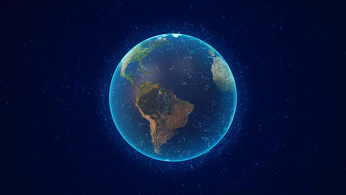 A glowing planet Earth with an outer layer, pictured from space.
