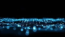 Futuristic flight through a digital line landscape, Blue dust particles with an isolated transparent background.