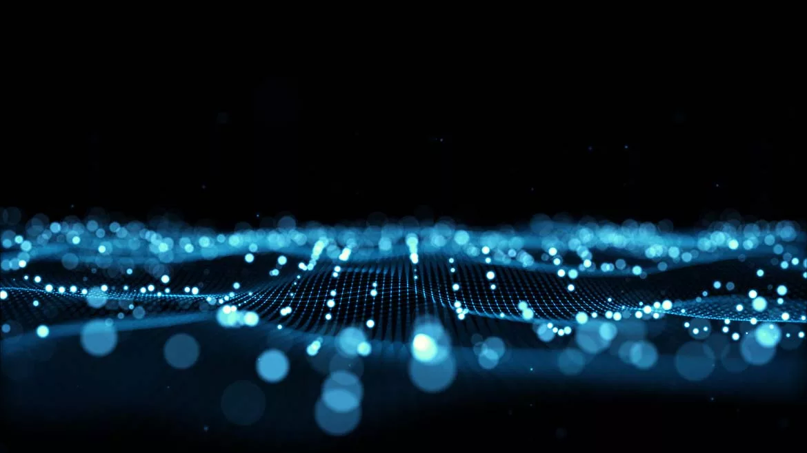 Futuristic flight through a digital line landscape, Blue dust particles with an isolated transparent background.