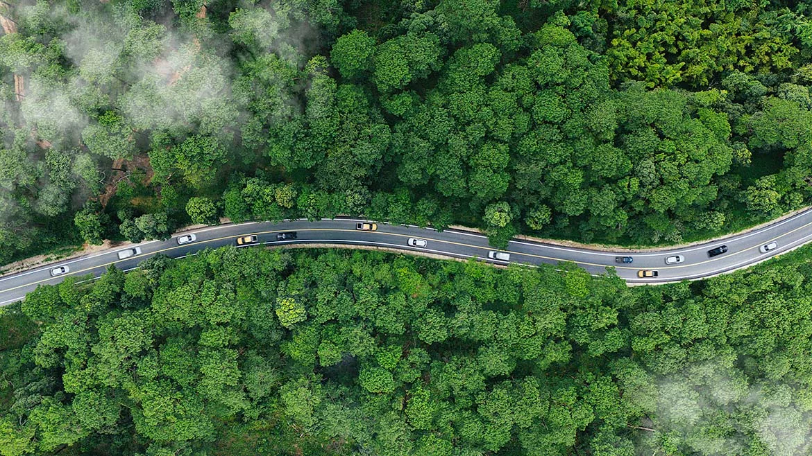 Aerial view of cars on a windy road driving through a lush and misty forest.