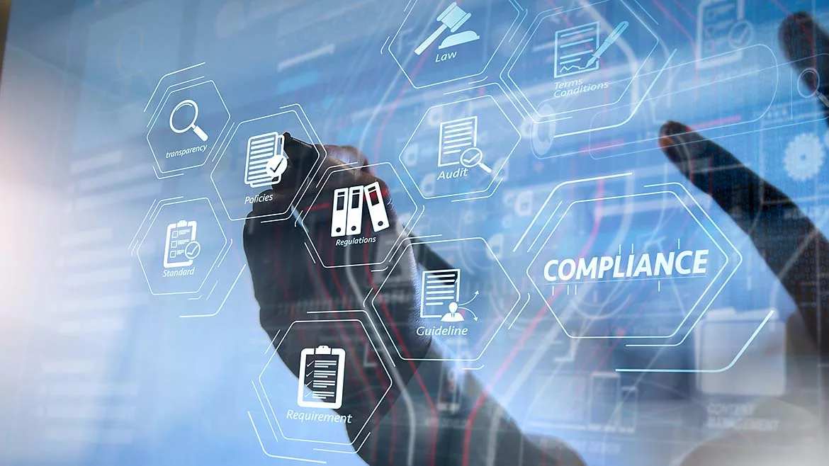 Hands using a stylus on a virtual touchscreen with a Compliance Virtual Diagram for regulations, law, standards, requirements, and audit.