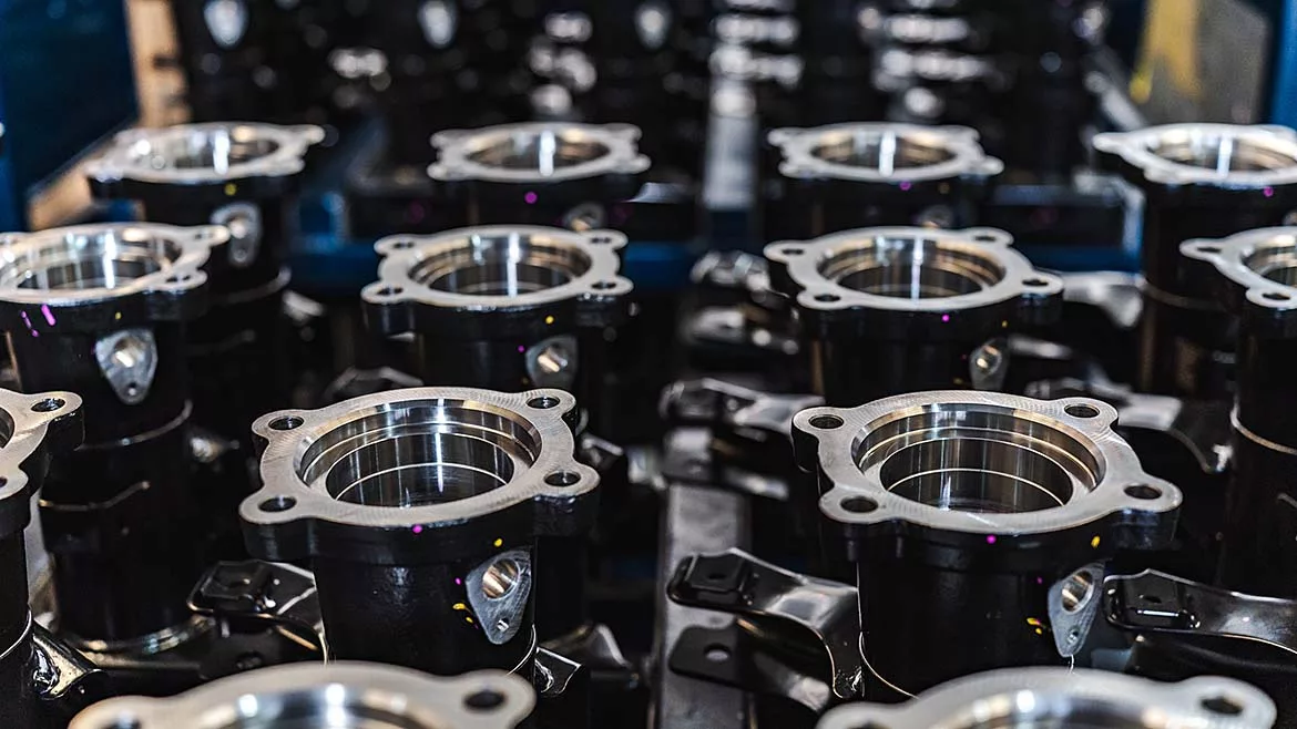 Close up of automotive parts in a factory workshop.