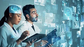 Two medical professionals looking at superimposed medical records.