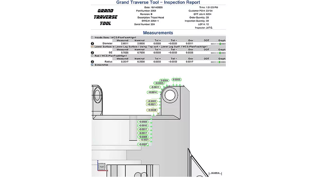 screenshot of an inspection report from Grand Traverse Tool for a tripod head part number 3264