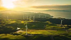 sunlit picture of a wind farm 