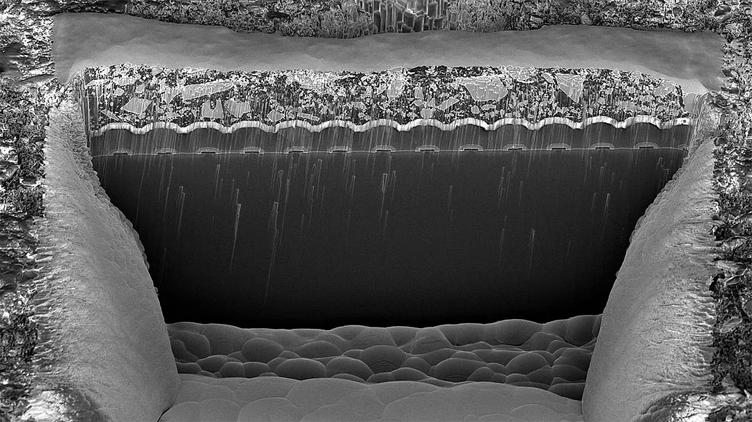a microscopic cross-section showing a high aspect ratio structure