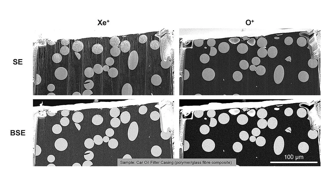 a scanning electron microscope (SEM) micrograph showing a cross-section of an automotive oil filter casing