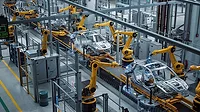 a conceptual 3D rendering of a car factory production line a conceptual 3D rendering of a car factory production line