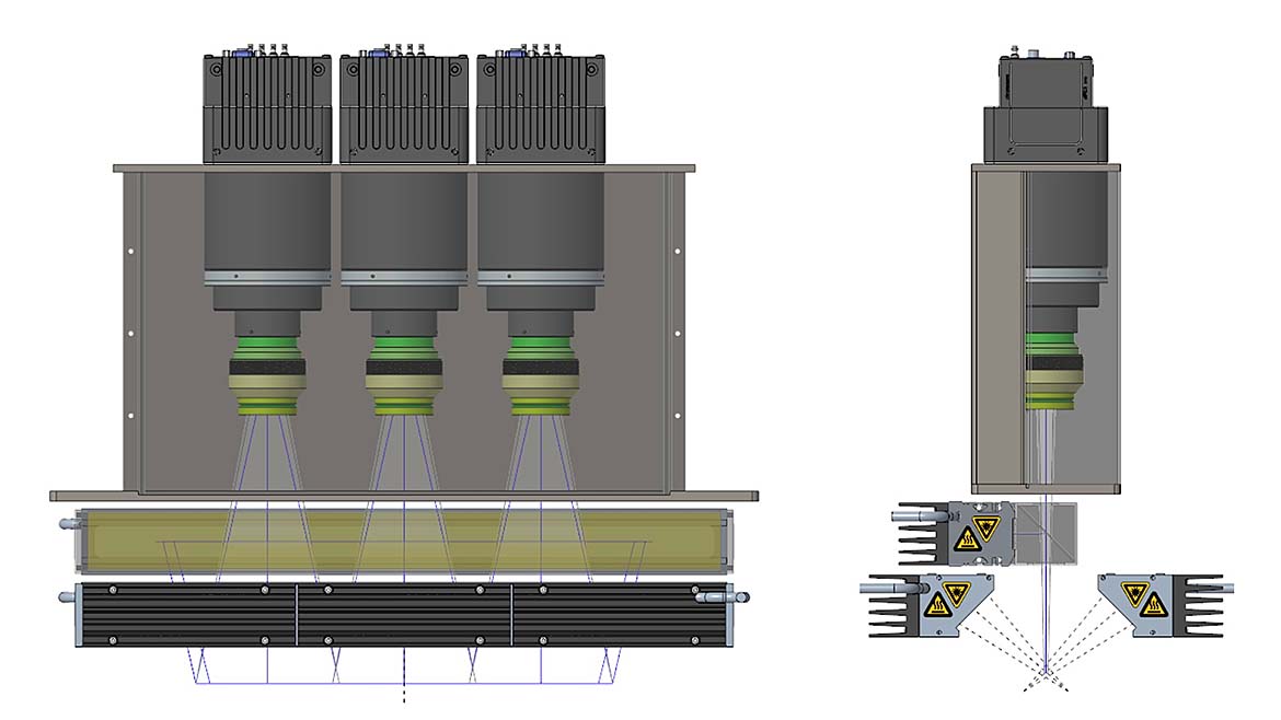 Example setup of two 16k cameras covering 320 mm scan width with a resolution of 10 µm and combined light: dark field and coaxial light