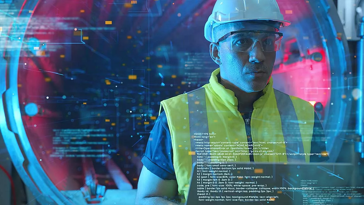 Computer engineer working in factory with laptop computer GUI graphic user interface technology futuristic sci fi HUD background.