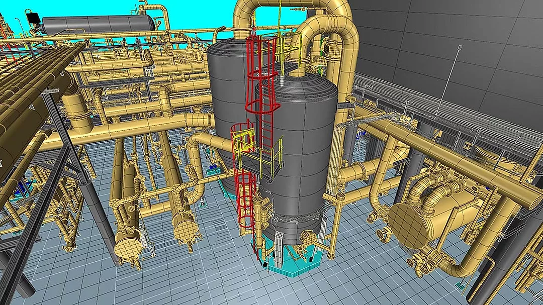 complex industrial piping systems within an oil refinery or similar chemical processing facility.