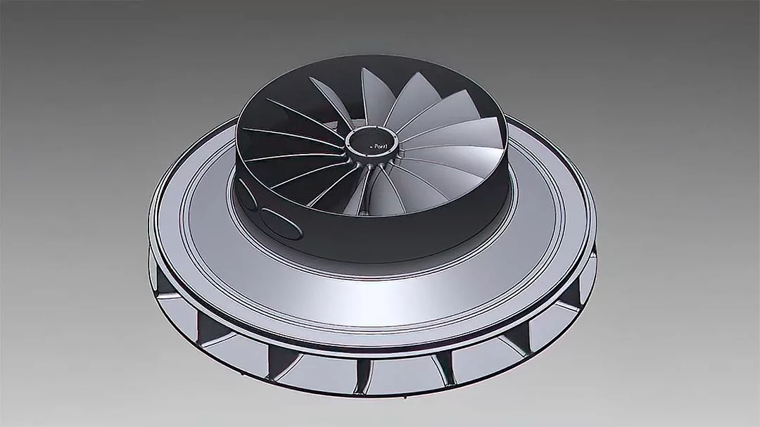 a 3D CAD model rendering of a centrifugal compressor impeller.