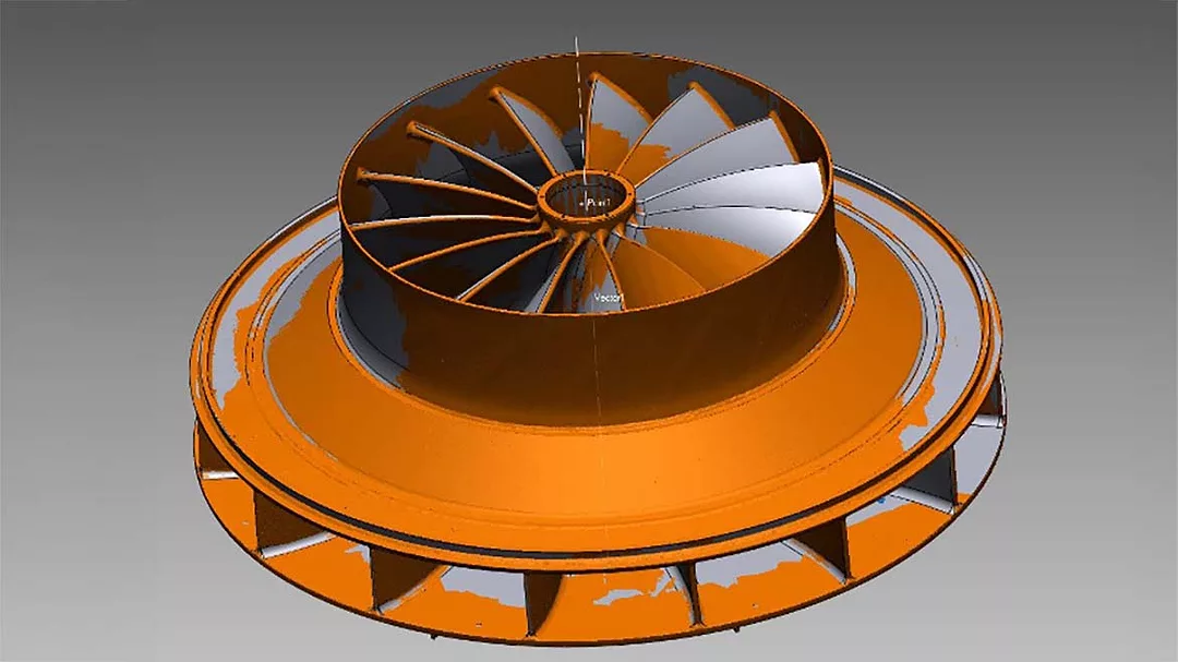 a 3D CAD model rendering of a centrifugal compressor impeller.