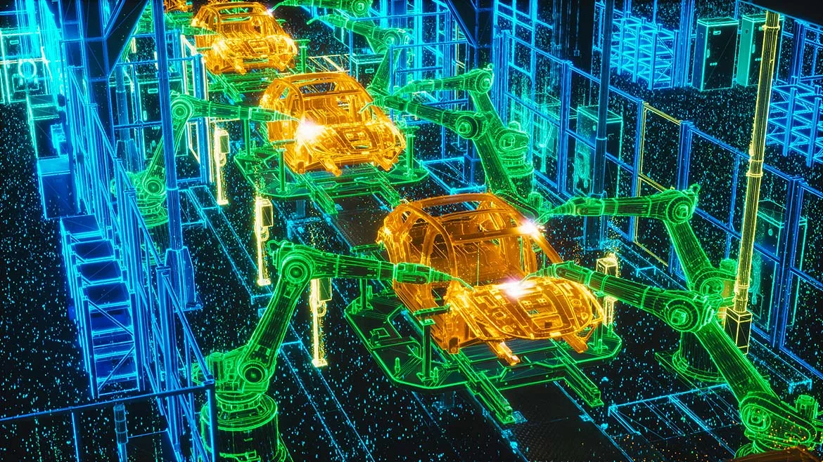 a digital twin in a manufacturing setting, specifically an automotive production line