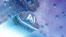 The image is a conceptual illustration of artificial intelligence (AI) integrated with cloud computing technology
